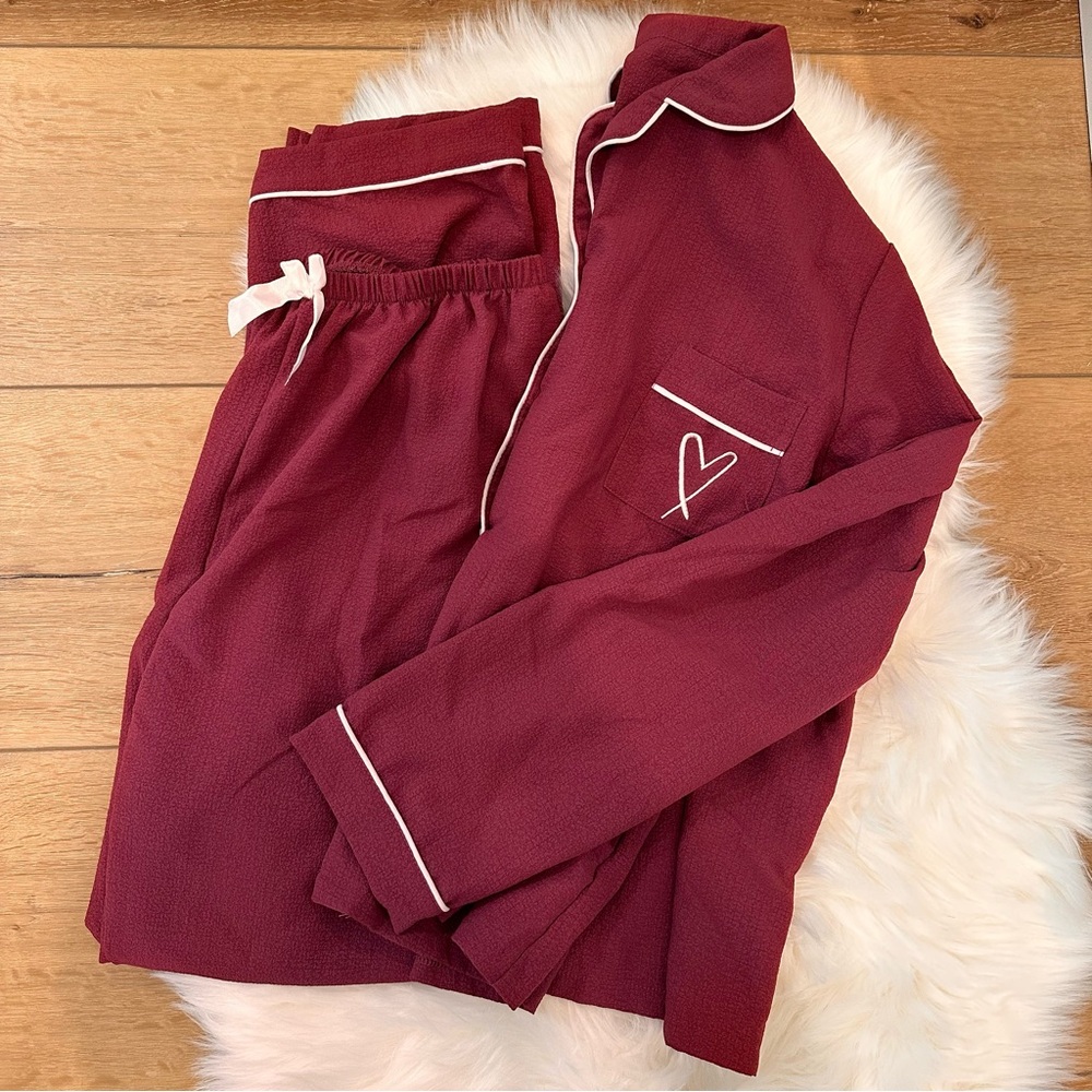 Burgundy Pajama Set with White Piping